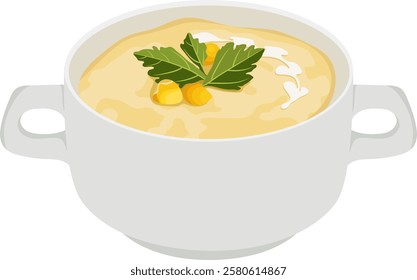 Corn Pottage Soup or Creamy Corn Soup in Pot Illustration Isolated on White Background