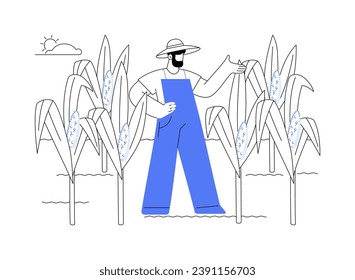 Corn production abstract concept vector illustration. Farmer growing corn plant on field, agriculture industry, agribusiness worker, processing-manufacturing sector abstract metaphor.