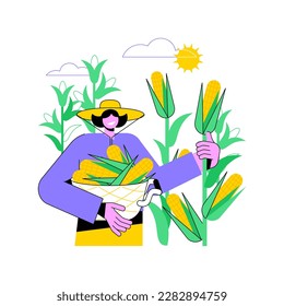 Corn production isolated cartoon vector illustrations. Farmer growing corn plant on field, agriculture industry, agribusiness worker, processing-manufacturing sector vector cartoon.