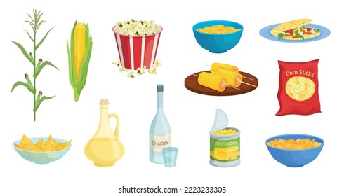 Corn products set with isolated images of raw plant popcorn sticks dishes on plates and drinks vector illustration