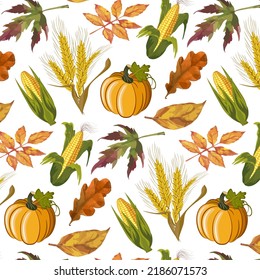 Corn and pumpkin in a pattern.Vector seamless pattern with corn, pumpkin and autumn leaves on a transparent background.