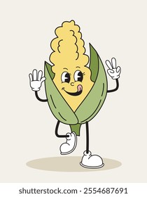 Corn retro character. Fictional character for cartoons. Toy and mascot. Natural and fresh vegetable. Facial expression and emotion. Flat vector illustration isolated on beige background