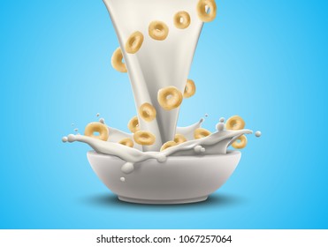 Corn rings in big milk splash advertising flyer vector illustration. High quality art for cereal product ads broshure, poster or label design