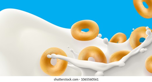 Corn rings realistic milk vector illustration with big splash. High quality art for advertising flyer, poster or label design, cereal product mock-up template