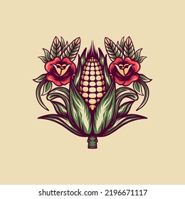 Corn And Roses Retro Illustration