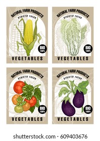 Corn, salad, tomatoes, eggplant. Labels with vegetables. Set templates price tags for shops and markets of organic vegetarian food. Vector illustration art. Vintage. Hand drawing of nature objects.