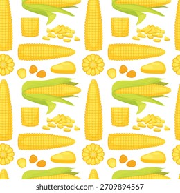 Maíz sin patrón. Maíz dulce de la agricultura dorada, nutrición adecuada orgánica. Patrón plano de dibujos animados de Vector.