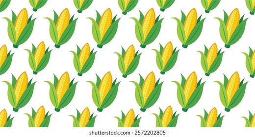 Corn Seamless Pattern On White Background. Flat Corn Doodle Vector Design