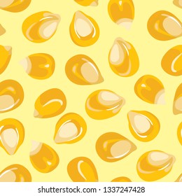 Corn seamless pattern on yellow background. Vector illustration of grain in cartoon simple flat style.