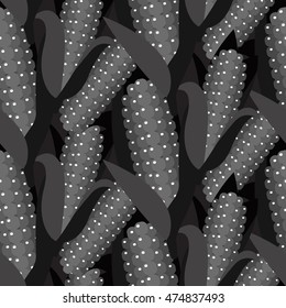 Corn seamless pattern vector illustration. Maize ear or cob. Yellow sweetcorn and seeds grayscale dense background.