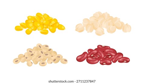 Sementes de milho, feijão vermelho, soja e grão de bico. Conjunto de pilhas de grãos Ilustração plana do desenho animado do vetor.
