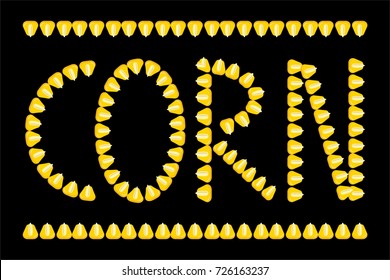corn seeds making word corn isolated on black background