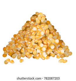 Corn seeds pile side view on white background
