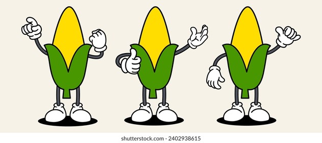 Corn set mascot of 70s groovy. Collection of cartoon,retro, groovy characters. Vector illustration.