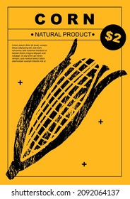 Maíz. Afiches de frutas y verduras en un diseño abstracto. Etiqueta o afiche, etiqueta de precio. Diseño sencillo y plano. Patrones y antecedentes. Perfecto para afiches, portadas, pancartas.