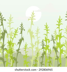 Corn silhouettes over a mountain background landscape vector illustration