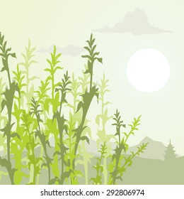 Corn silhouettes over a mountain background landscape vector illustration