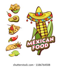 Corn in a sombrero. Mexican food. A set of popular Mexican dishes, fast food. Vector illustration. Menu template, logo.