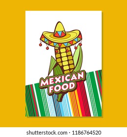 Corn in a sombrero. Mexican food. Vector illustration. Menu template, logo.