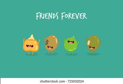corn, soy beans, green peas, mung beans. Funny food, vector illustration. Use for card, poster, banner, web design and print on t-shirt. Easy to edit.