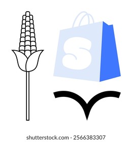 Corn stalk, blue shopping bag with letter S, and open book symbol in minimalist style. Ideal for agriculture, e-commerce, education, sustainability, and minimalistic design themes. Simple, clean