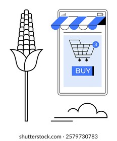 Corn stalk and digital shopping screen with a cart icon and BUY button. Ideal for agriculture, technology, e-commerce, digital marketing, and online retail. Modern vector style. Blue and black colors