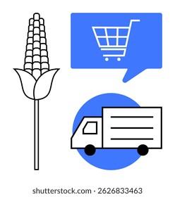 Corn stalk, shopping cart in a speech bubble, and delivery truck. Ideal for ecommerce, farming, supply chain, online shopping, logistics, transportation, agricultural trade. Line metaphor