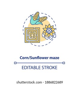 Corn And Sunflower Maze Concept Icon. Intersting Unique Vacation Activities. Farm Travelling. Agritourism Idea Thin Line Illustration. Vector Isolated Outline RGB Color Drawing. Editable Stroke