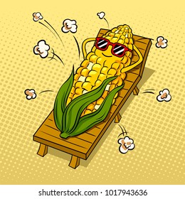 Corn tans on beach and turns into popcorn pop art retro vector illustration. Cartoon food character. Color background. Comic book style imitation.