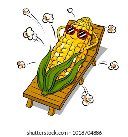 Corn tans on beach and turns into popcorn pop art retro vector illustration. Cartoon food character. Isolated image on white background. Comic book style imitation.