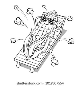 Corn tans on beach and turns into popcorn coloring vector illustration. Isolated image on white background. Cartoon food character. Comic book style imitation.