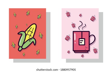 corn and tea mug labels design of food eat restaurant and menu theme Vector illustration