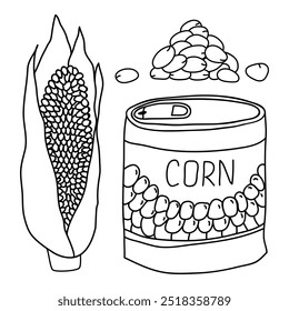 Corn tin, cob and corn kernels on a white background. Linestyle. Flat vector black and white illustration, eps10