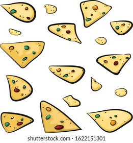 Corn tortilla chips set. Elements isolated on white background. Cartoon funny style. Vector EPS 8
