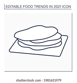 Corn tortilla line icon. Thin, unleavened flatbread. Snack. Mexican traditional dish. Food trends concept. Isolated vector illustration. Editable stroke