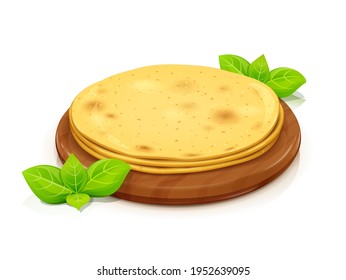 Corn tortilla for taco and burrito. Roasted lavash. Pita bread. Isolated on white background. Eps10 vector illustration.