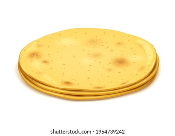 Corn tortilla for taco and burrito. Roasted lavash. Pita bread. Isolated on white background. Eps10 vector illustration.