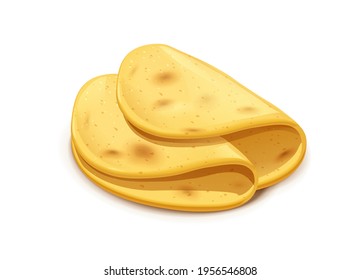 Corn tortilla for taco and burrito. Roasted lavash. Pita bread. Isolated on white background. Eps10 vector illustration.