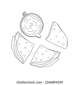 Corn tortillas folded in a triangle with sauce in a gravy boat. Line art. Traditional Latin American food