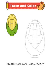 Corn. Trace and color for children, coloring page or book, Corn vector illustration. Isolated white background.