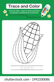 corn trace and color preschool worksheet for kids practice writing