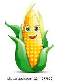 Carácter vector de maíz sobre fondo blanco. Maíz lindo con hojas. Caricatura divertida