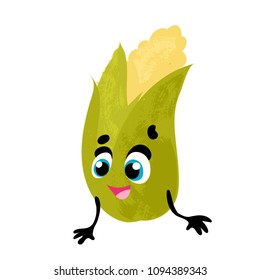 Corn. Vector funny vegetable, cartoon character with face and hands