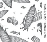 Corn vector seamless pattern. Background with linear sketch of whole corn cobs with leaves, maize pieces and grains. Old drawing in retro engraving style. Hand drawn realistic ink sketch.