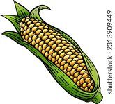 Corn vegetable illustration in a vintage retro woodcut etching style.