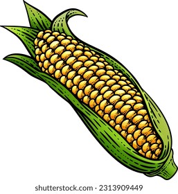 Corn vegetable illustration in a vintage retro woodcut etching style.