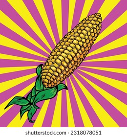 Corn vegetable vector Pop Art with leaves. Vegetarian and vegan cuisine vegetable and agriculture ripe harvest. Sweet corn maize object for grocery store, farmer market, packaging design. Comic book 