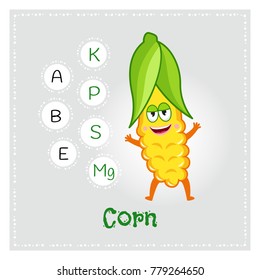 Corn vegetable vitamins and minerals. Funny vegetable character. Healthy food illustration
