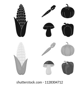 Corn corn, vitamin carrots with tops, pumpkin, forest mushroom. Vegetables set collection icons in black,monochrome style vector symbol stock illustration web.