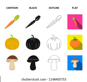 Corn corn, vitamin carrots with tops, pumpkin, forest mushroom. Vegetables set collection icons in cartoon,black,outline,flat style vector symbol stock illustration web.